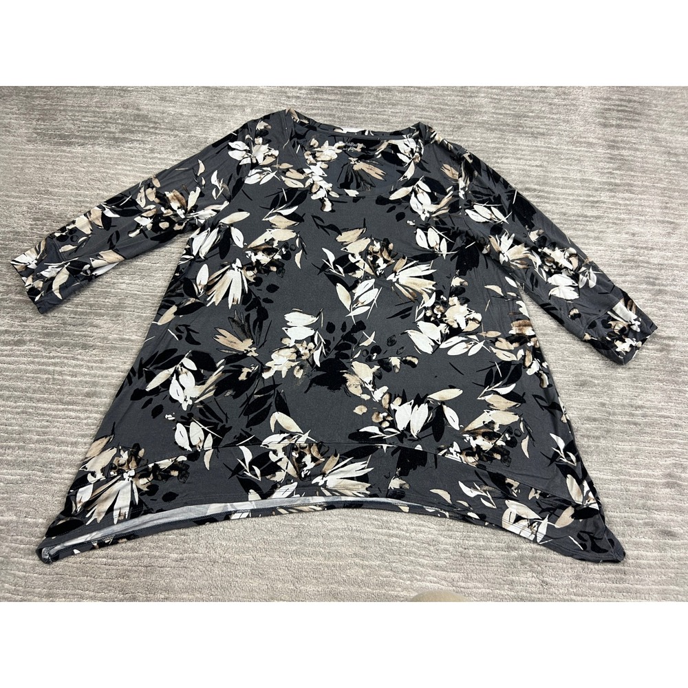 Croft & Barrow Tunic Womens XL Grey Floral Sharkbite Hem 3/4 Sleeve Top